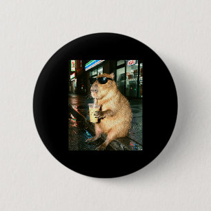 Capybara drinking iced coffee, capybara photo meme 2 inch round button