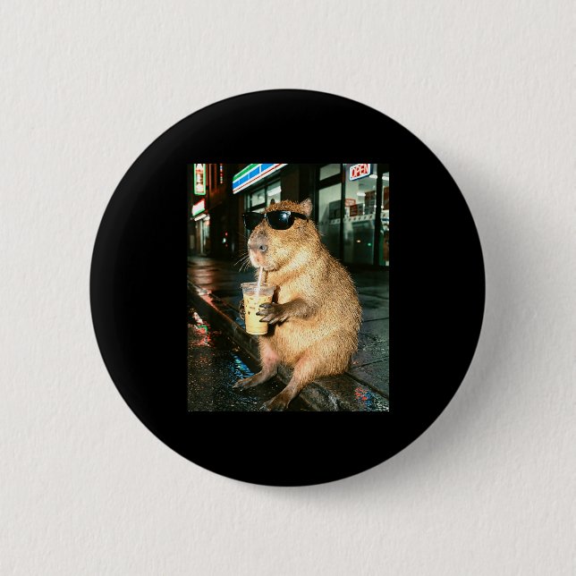 Capybara drinking iced coffee, capybara photo meme 2 inch round button (Front)