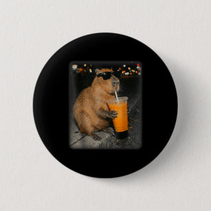 Capybara drinking iced coffee funny animal meme 2 inch round button