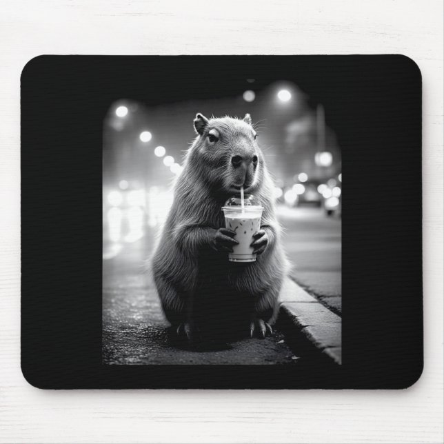 Capybara drinking iced coffee funny animals meme mouse pad (Front)