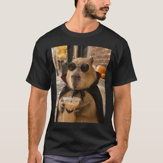 Capybara Drinking Iced Coffee Halloween Meme T-Shirt (Front)