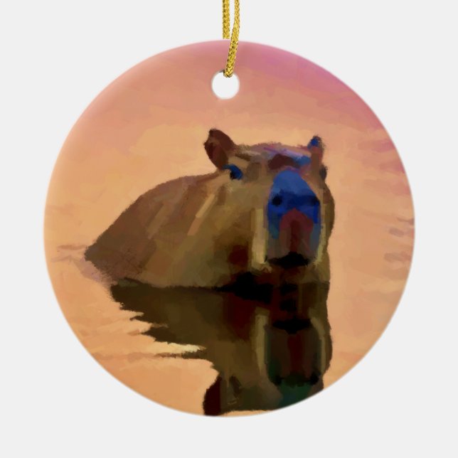Capybara Emerging From a Tranquil Lake Ceramic Ornament (Front)