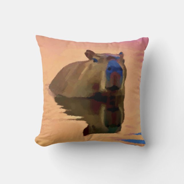 Capybara Emerging From a Tranquil Lake Throw Pillow (Front)