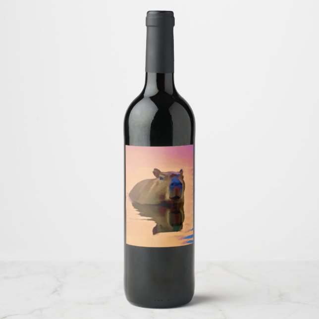 Capybara Emerging From a Tranquil Lake Wine Label (Front)