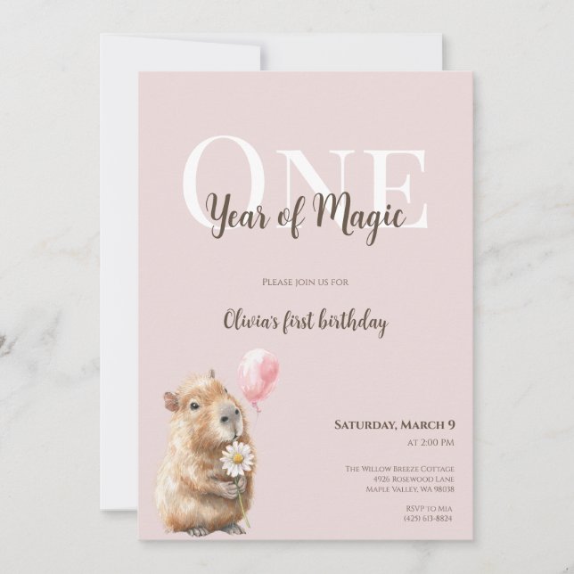 Capybara First Birthday Invitation • Woodland Girl (Front)