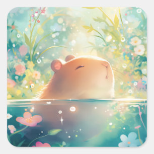 Capybara Floral Garden Pond Square Sticker