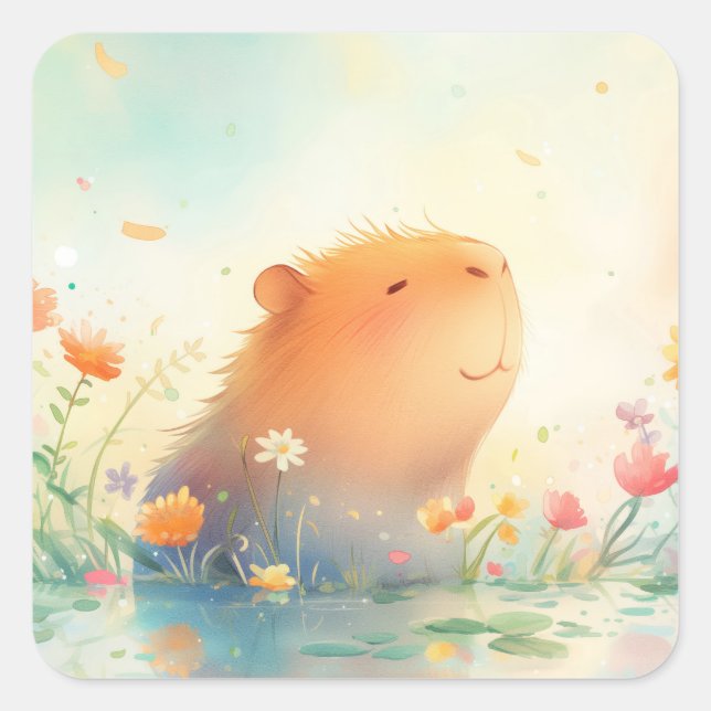 Capybara Flower Pond Retreat Square Sticker (Front)