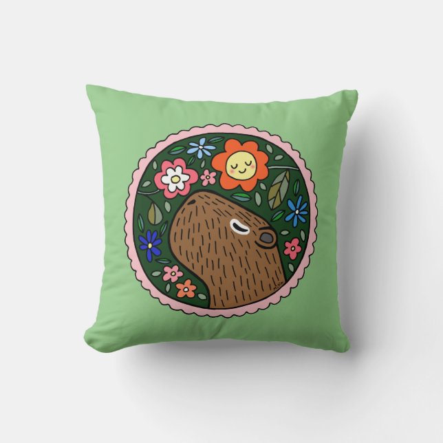 Capybara Graphic Cute capybara with flowers  Throw Pillow (Front)