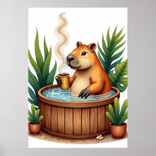 Capybara Hot Tub Coffee Lover Chill Animal Sticker Poster