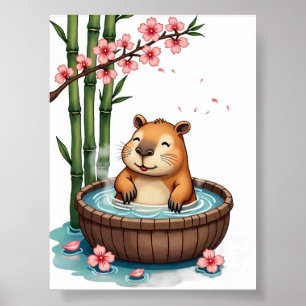 Capybara Hot Tub Relaxation Cherry Blossom Zen Sti Poster