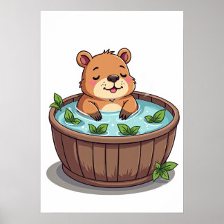 Capybara Hot Tub Relaxation Kawaii Mint Leaves Art Poster
