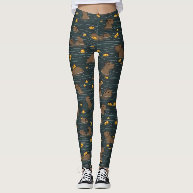 Capybara Hot Tub with Yuzu Fruit  Leggings (Front)