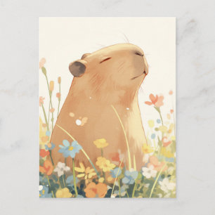 Capybara in Colorful Summer Wildflower Meadow Postcard