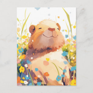 Capybara in Colourful Summer Wildflower Meadow Postcard