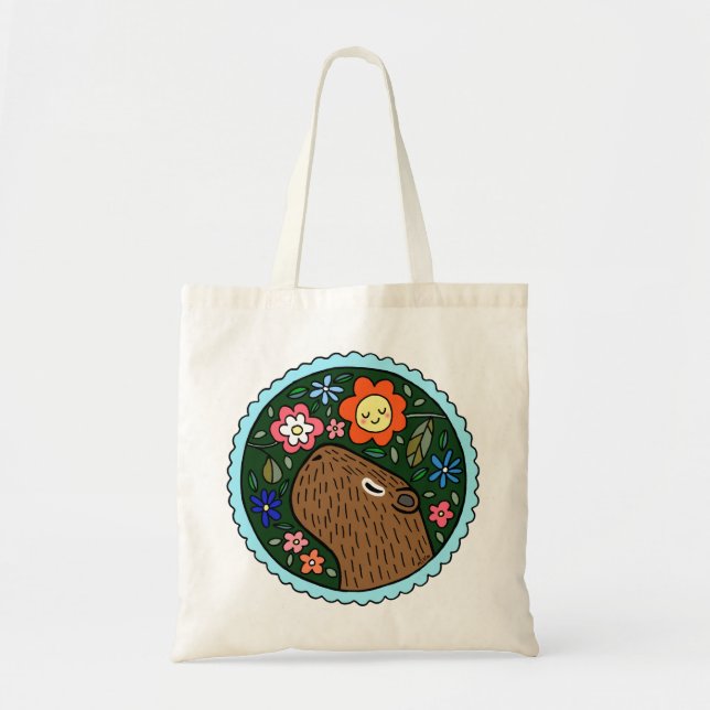 Capybara in Flowers happy Capybara Chilling Art Tote Bag (Front)