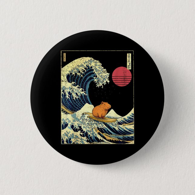 Capybara Japanese Kanagawa Wave Funny Surf Animal  2 Inch Round Button (Front)