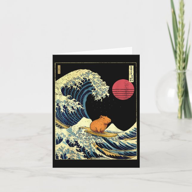 Capybara Japanese Kanagawa Wave Funny Surf Animal  Card (Front)