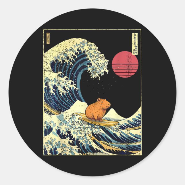 Capybara Japanese Kanagawa Wave Funny Surf Animal  Classic Round Sticker (Front)