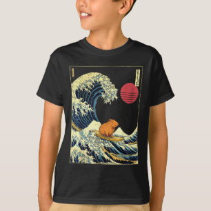 Capybara Japanese Kanagawa Wave Funny Surf Animal  T-Shirt