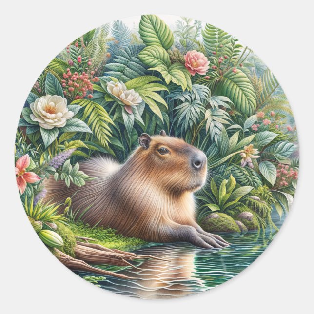 Capybara Jungle Art Classic Round Sticker (Front)