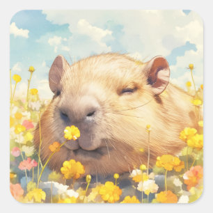 Capybara Lazy Days in the Wildflowers Square Sticker