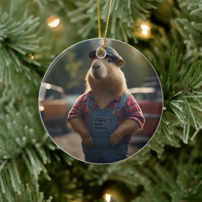 "Capybara Mechanic: Grease, Gears, and Good Vibes" Ceramic Ornament (Tree)