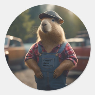 "Capybara Mechanic: Grease, Gears, and Good Vibes" Classic Round Sticker