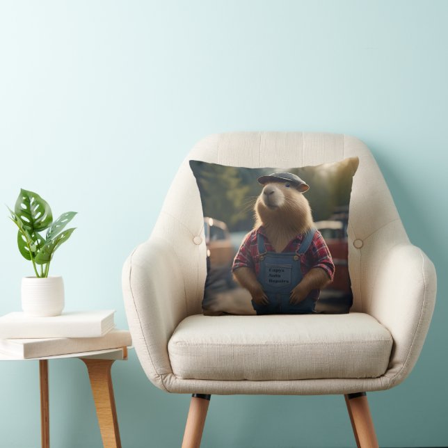 "Capybara Mechanic: Grease, Gears, and Good Vibes" Throw Pillow (Chair)