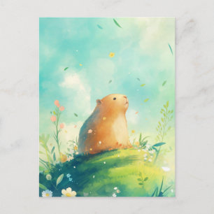 Capybara on Hill with Falling Petals and Leaves Postcard