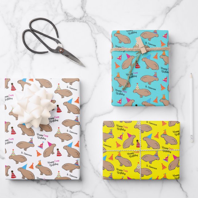 Capybara Personalized Birthday Hand-Illustrated Wrapping Paper Sheet (Front)