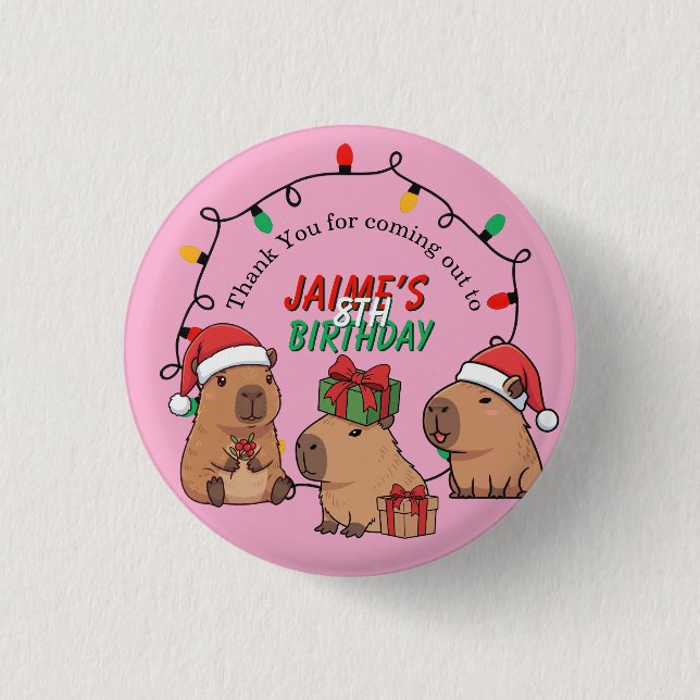 Capybara Pink Christmas Holiday Birthday 1 Inch Round Button (Front)