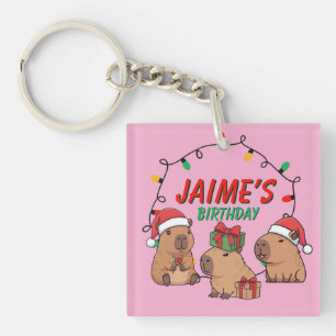 Capybara Pink Christmas Holiday Birthday Keychain