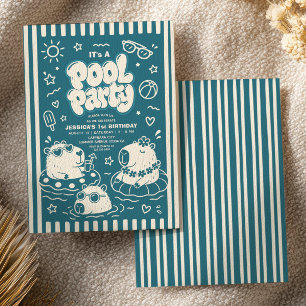Capybara Pool Party Blue Summer First Birthday Invitation