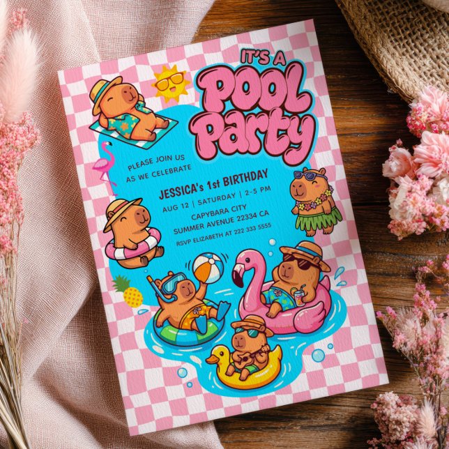 Capybara Pool Party Chequered Pink 1st Birthday Invitation (Creator Uploaded)