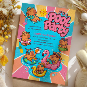 Capybara Pool Party Colourful Sunrays 1st Birthday Invitation