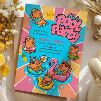 Capybara Pool Party Colourful Sunrays 1st Birthday Invitation