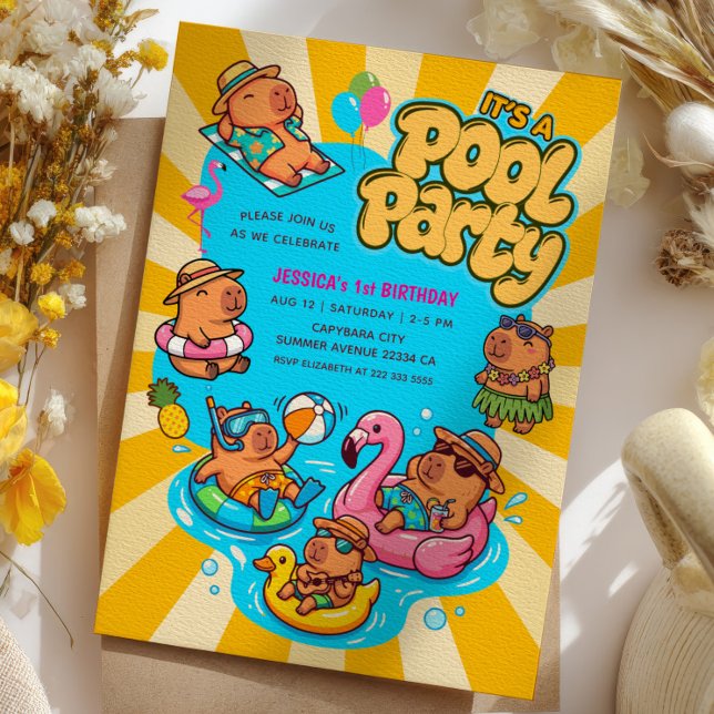 Capybara Pool Party Retro Sunrays 1st Birthday Invitation (Creator Uploaded)