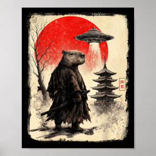 Capybara Samurai Retro Ufo Japanese Warrior Tenshu Poster