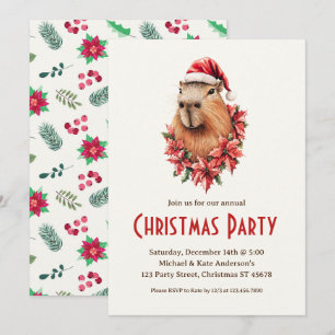Capybara Santa Hat Poinsettias Christmas Party Invitation