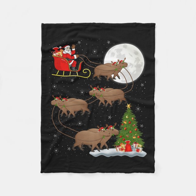 Capybara Santa Sleigh Flying Funny Magical Christm Fleece Blanket (Front)
