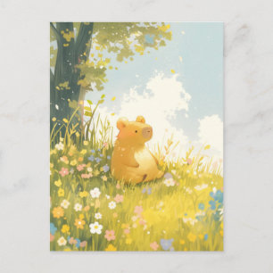 Capybara Sitting in Wildflower Meadow under Tree Postcard