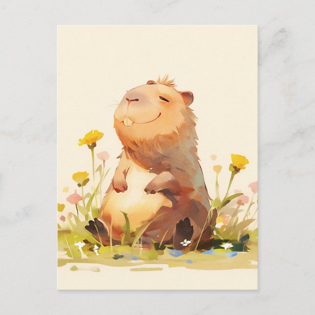 Capybara Sitting in Yellow Wildflower Garden Postcard (Front)