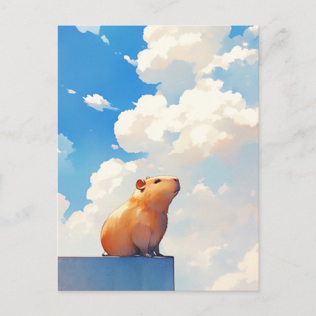 Capybara Sitting Under Blue Sky and White Clouds Postcard (Front)