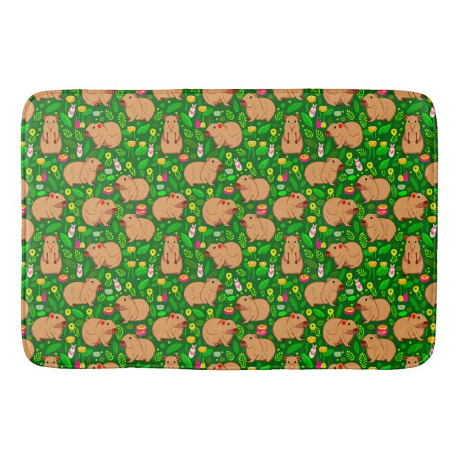 Capybara Sketch with Spring Flowers on Green Bath Mat (Front)