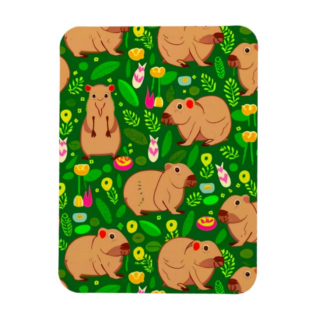Capybara Sketch with Spring Flowers on Green Magnet (Vertical)