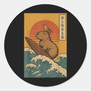 Capybara Surfing Japanese  Classic Round Sticker