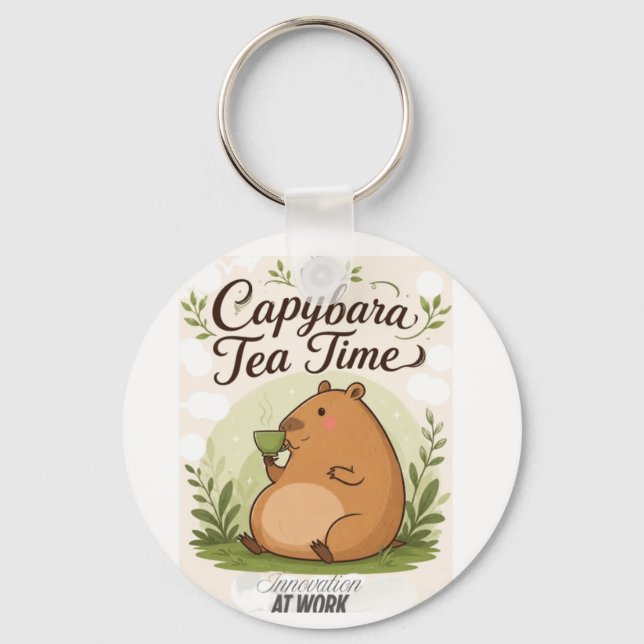 Capybara Tea Time | Cute Capybara Drinking Tea Fun Keychain (Front)