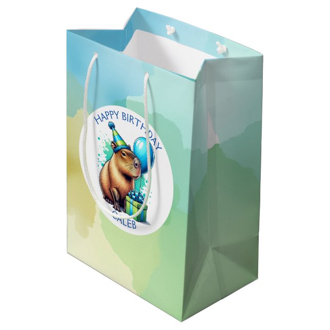 Capybara Themed Boy's Birthday Party Personalized Medium Gift Bag (Back Angled)