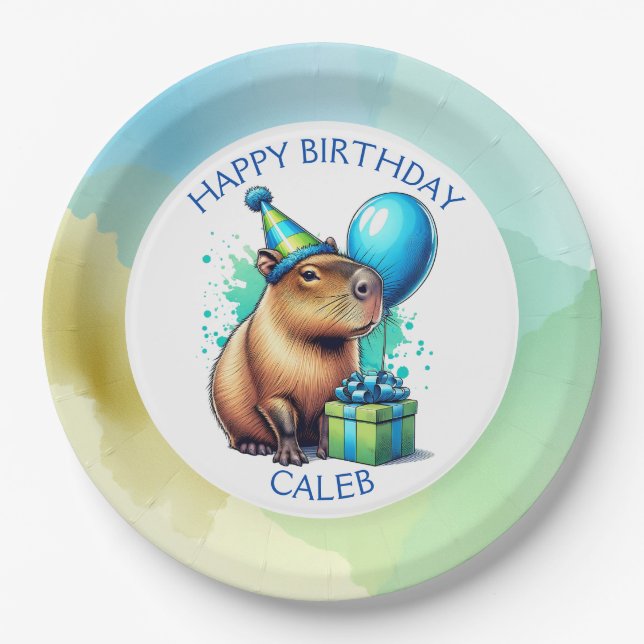  Capybara Themed Boy's Birthday Party Personalized Paper Plate (Front)