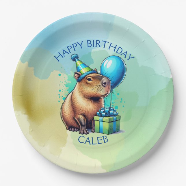  Capybara Themed Boy's Birthday Party Personalized Paper Plate (Front)